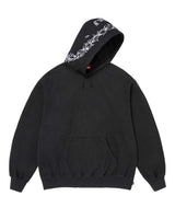 Supreme Forever Hooded Sweatshirt black, front view with the hood up showing the barbed-wire print