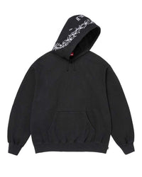 Supreme Forever Hooded Sweatshirt black, front view with the hood up showing the barbed-wire print