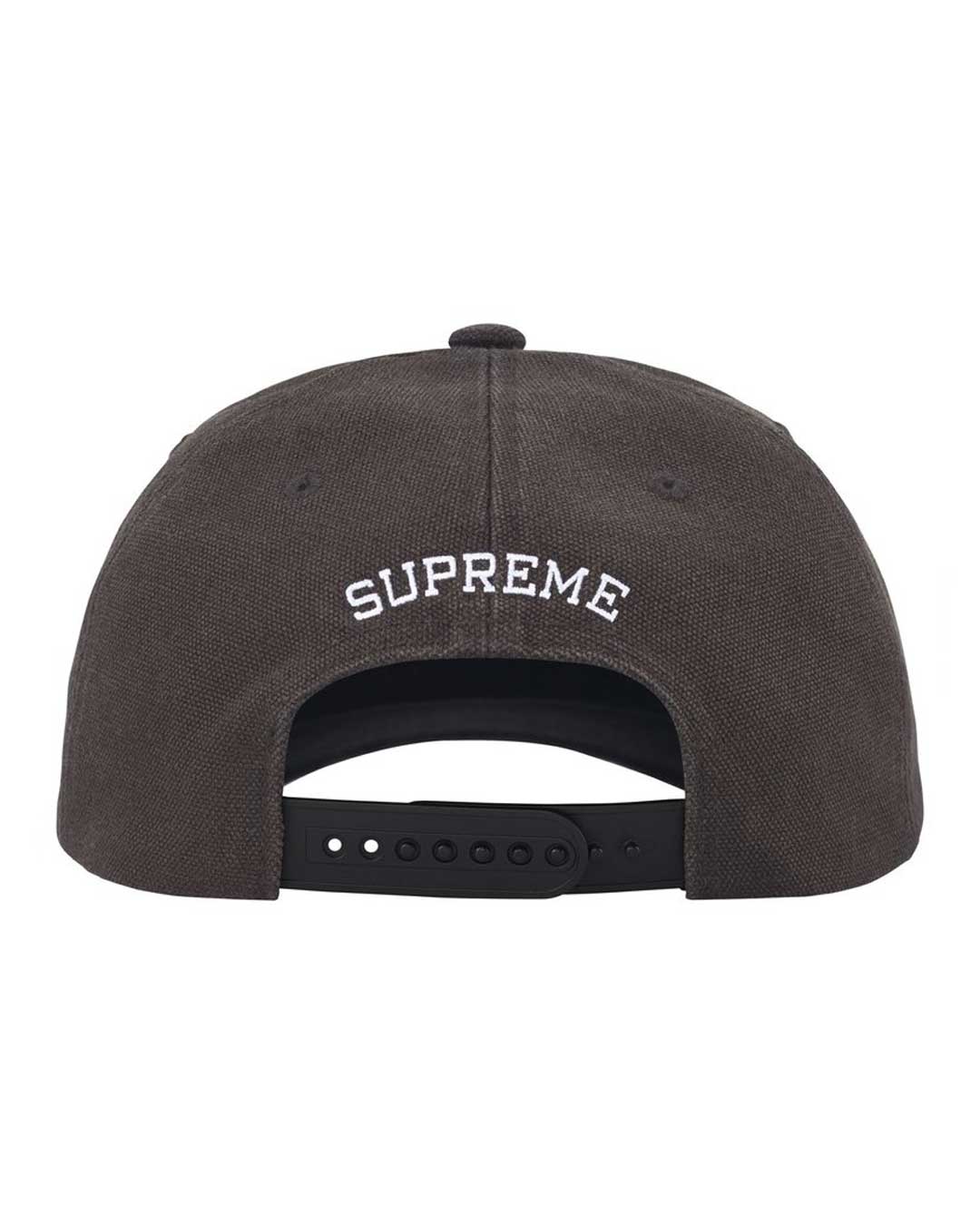 Supreme Garage 6 Panel Hat black, back view showing arched SUPREME embroidery and snapback strap
