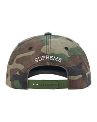Supreme Garage 6 Panel Hat camo, back view showing arched SUPREME embroidery and snapback strap