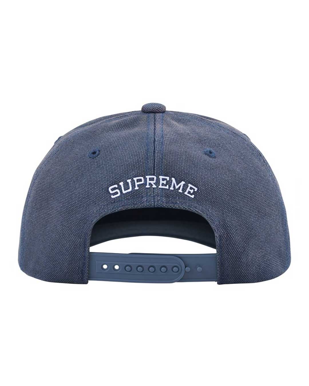 Supreme Garage 6 Panel Hat navy, back view showing arched SUPREME embroidery and snapback strap