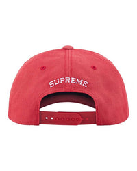 Supreme Garage 6 Panel Hat red, back view showing arched SUPREME embroidery and snapback strap