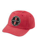 Supreme Garage 6 Panel Hat red, canvas six-panel cap with studded circular supreme patch, front view