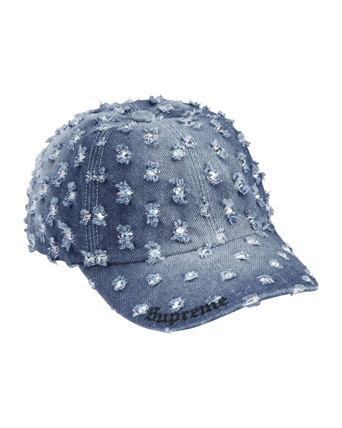 Supreme Hole Punch Rhinestone Denim 6 Panel Hat blue, denim cap with rhinestone hole-punch studs, front view