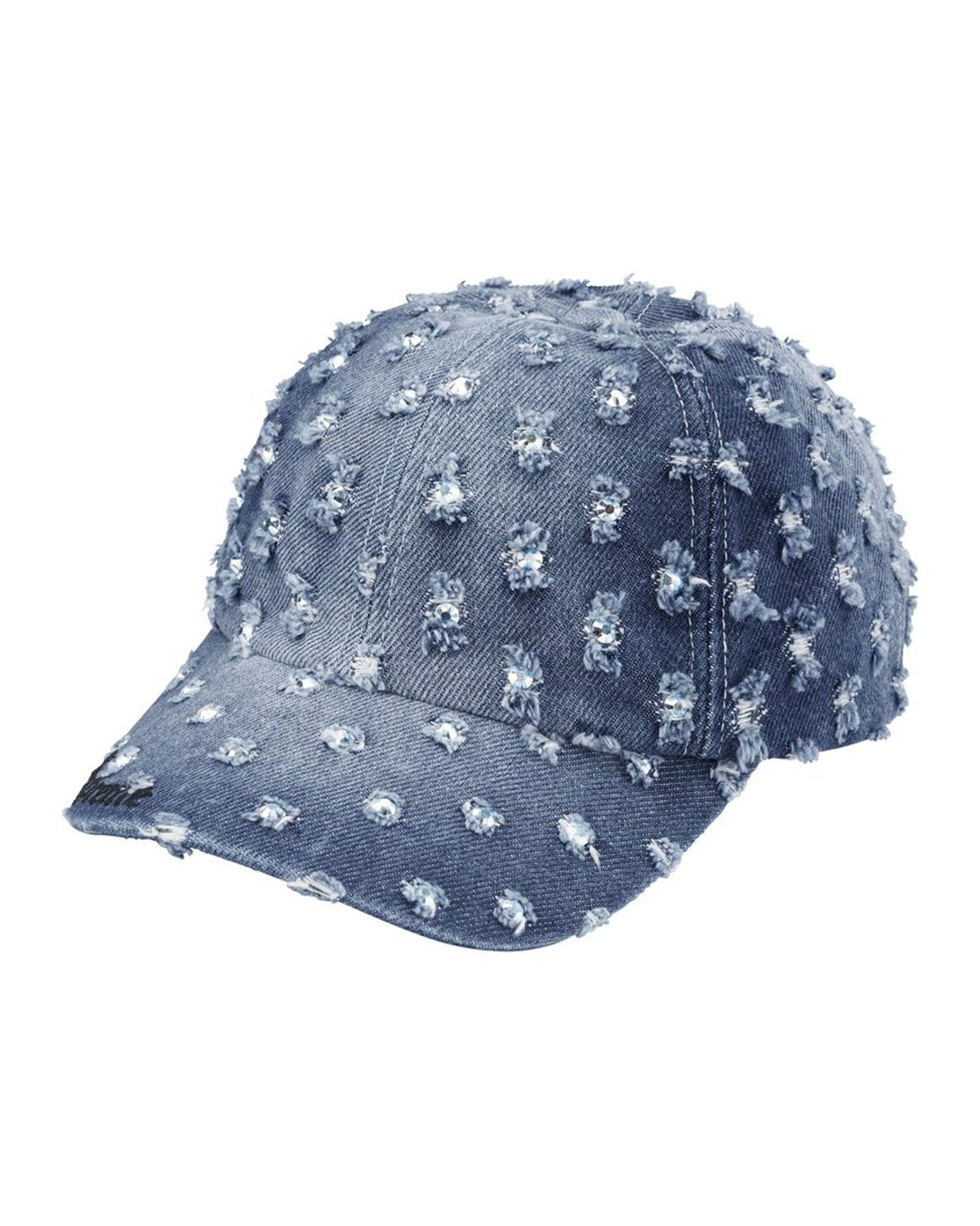 Supreme Hole Punch Rhinestone Denim 6 Panel Hat blue, denim cap with rhinestone hole-punch studs, angled side view