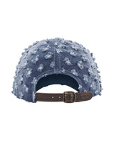 Supreme Hole Punch Rhinestone Denim 6 Panel Hat blue, back view showing the leather buckle strap