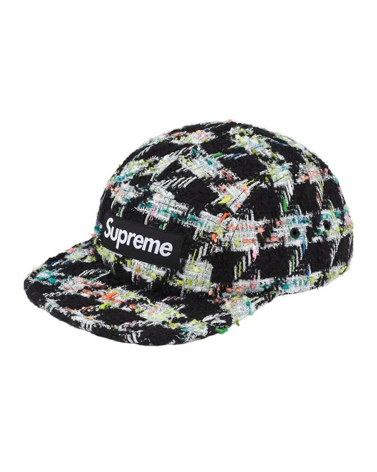 Supreme Metallic Boucle Camp Cap black, camp cap with multicolor metallic boucle check texture and white Supreme logo, front view