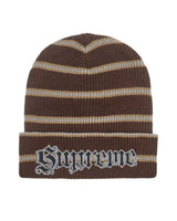 Supreme Metallic Stripe Beanie brown, brown and tan striped rib-knit beanie with a metallic silver Old English Supreme logo, front view