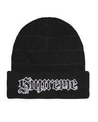 Supreme Metallic Stripe Beanie black, black rib-knit beanie with a metallic silver Old English Supreme logo, front view
