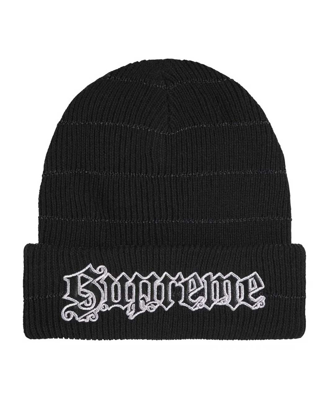 Supreme Metallic Stripe Beanie black, black rib-knit beanie with a metallic silver Old English Supreme logo, front view