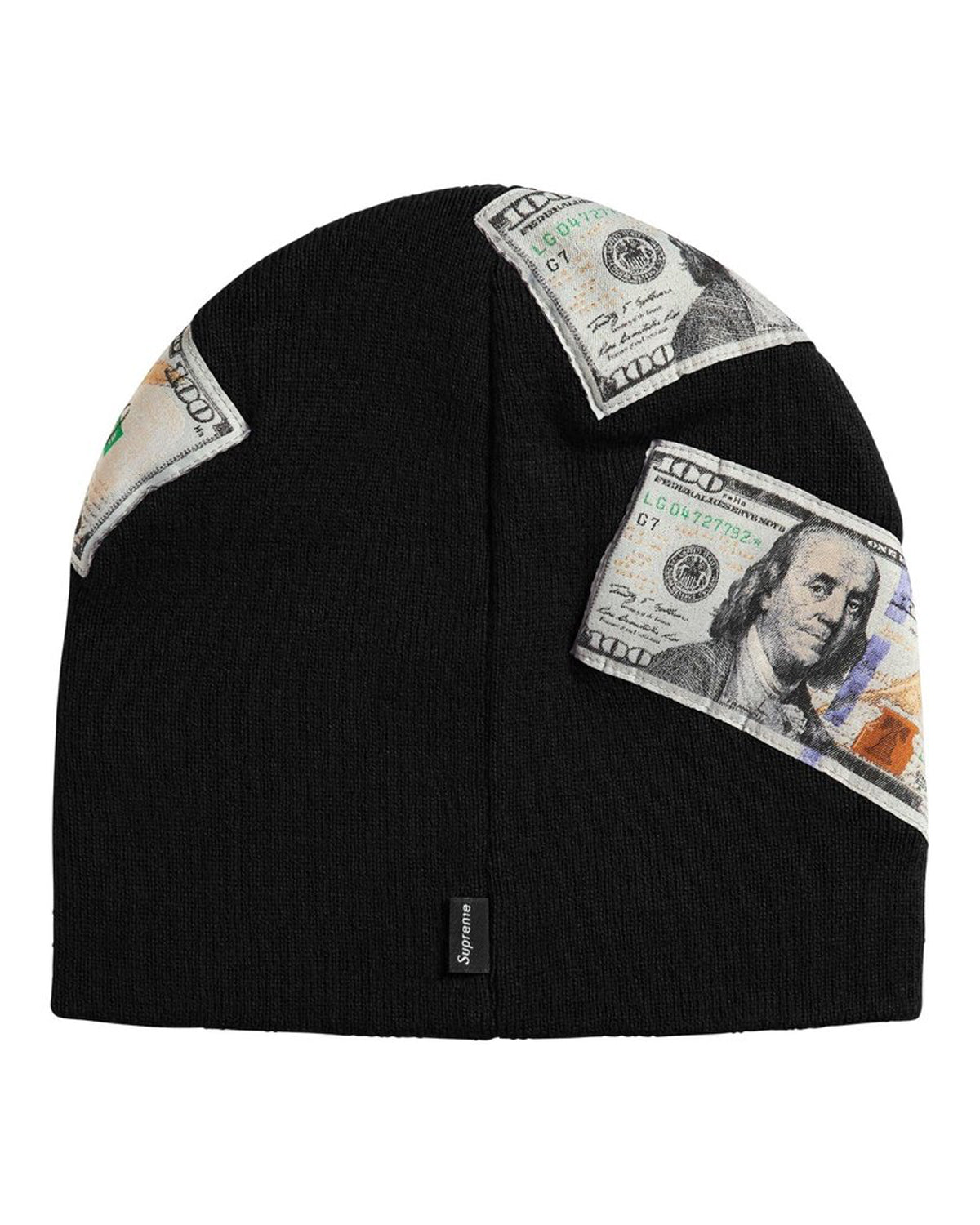 Supreme Money Beanie black, back view showing the woven Supreme tab at the hem