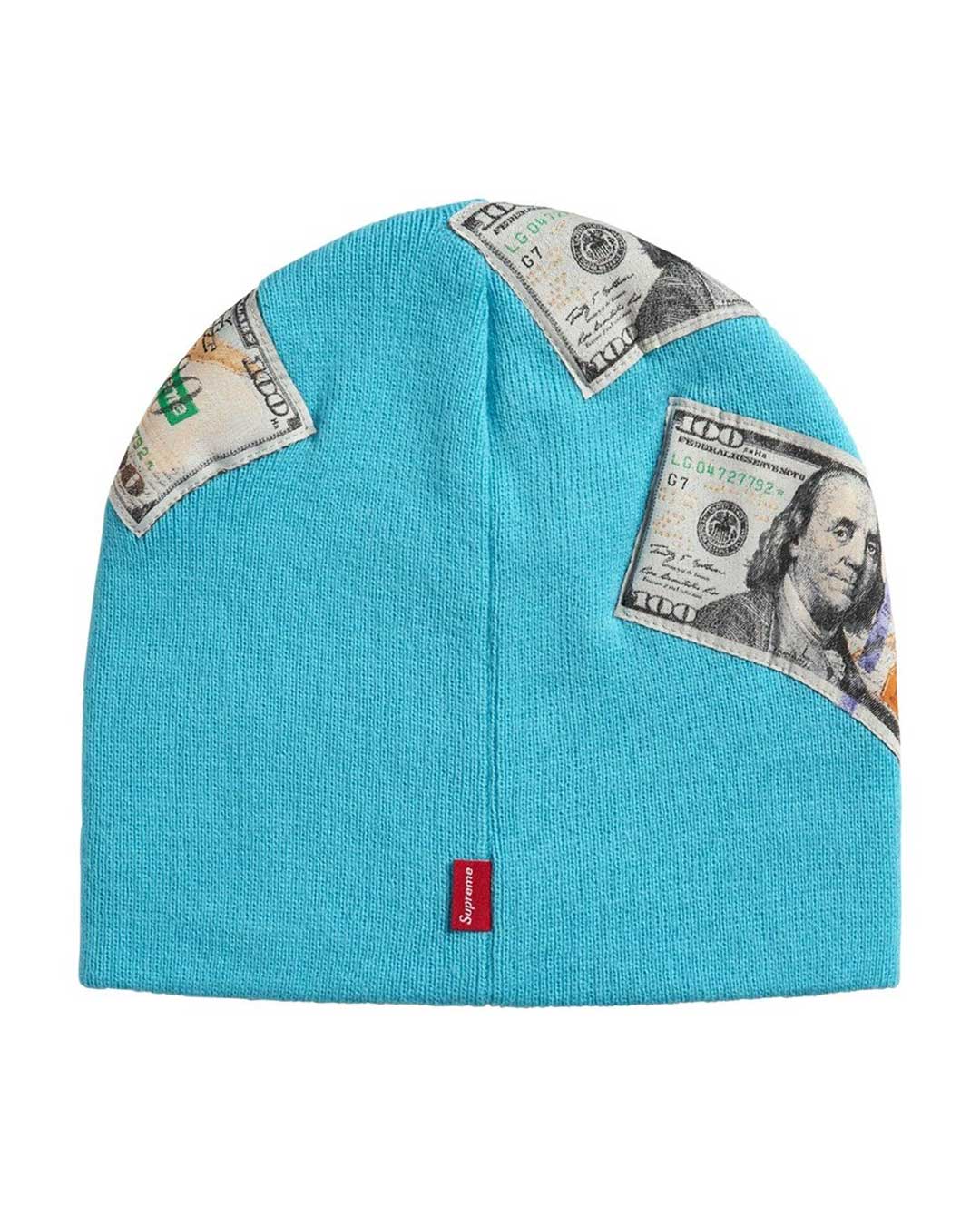 Supreme Money Beanie light blue, back view showing the woven Supreme tab at the hem