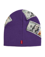 Supreme Money Beanie purple, back view showing the woven Supreme tab at the hem