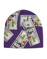 Supreme Money Beanie purple, knit beanie with all-over $100 bill print, front view