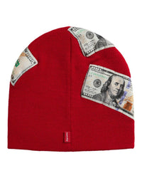 Supreme Money Beanie red, back view showing the woven Supreme tab at the hem