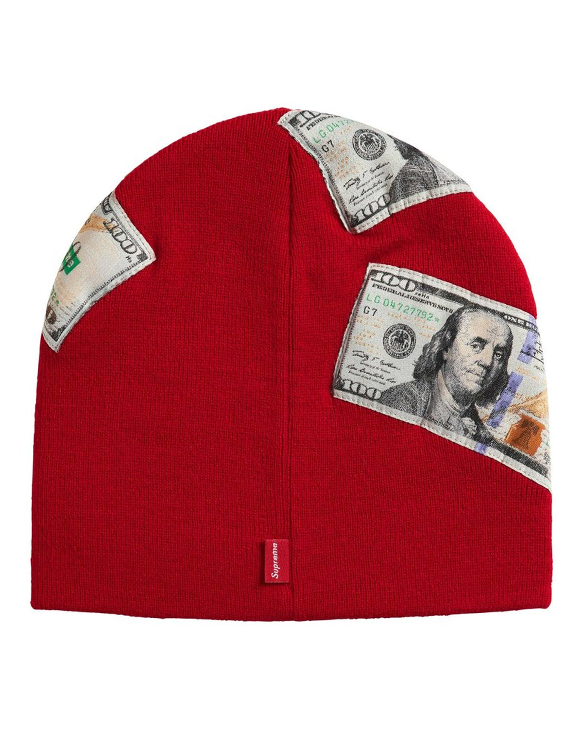 Supreme Money Beanie red, back view showing the woven Supreme tab at the hem
