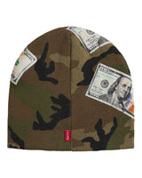 Supreme Money Beanie woodland camo, back view showing the woven Supreme tab at the hem
