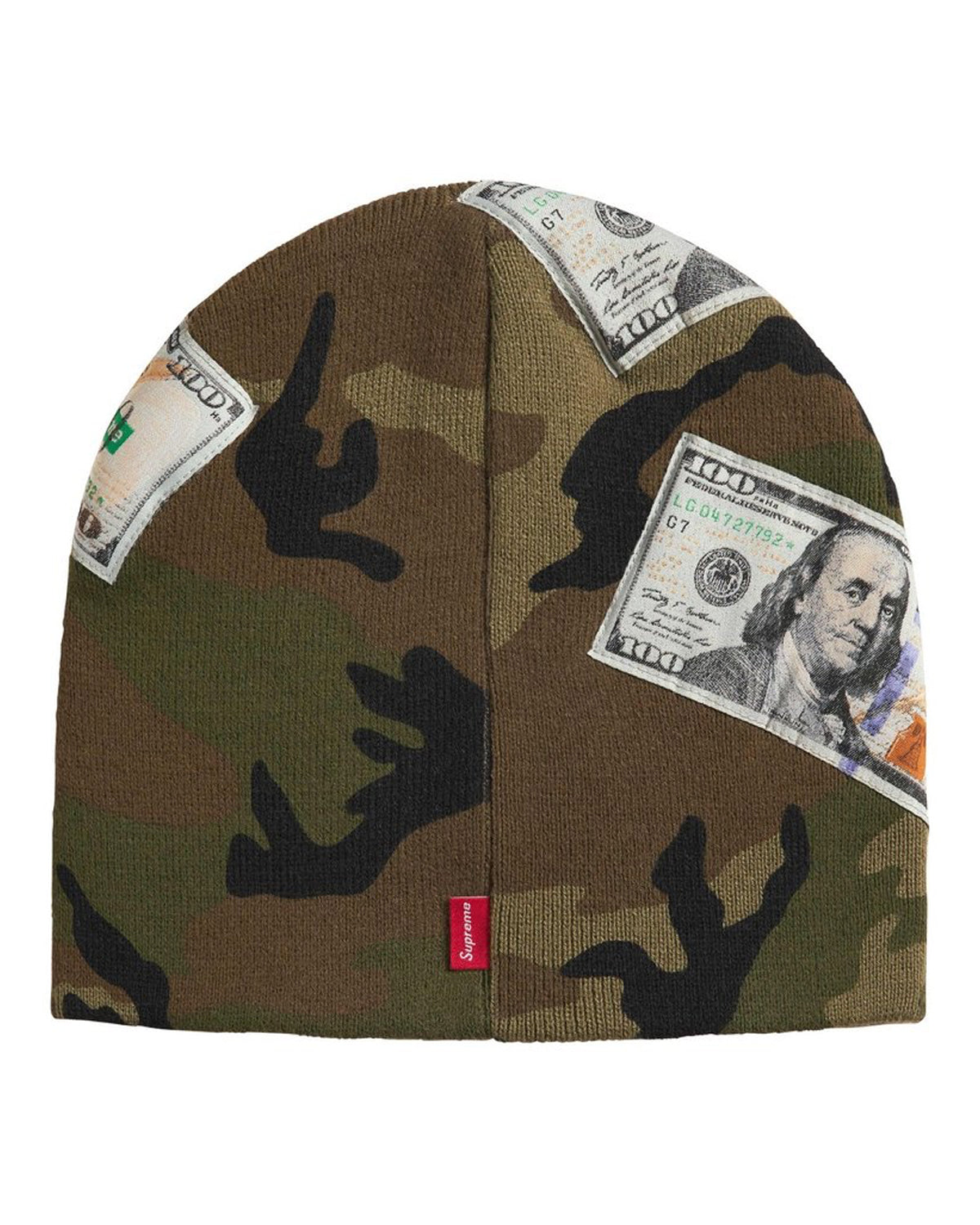 Supreme Money Beanie woodland camo, back view showing the woven Supreme tab at the hem