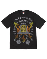 Supreme Money Tee black, cotton tee with an ornate winged crest around a dollar-bill medallion and blackletter lettering above, front view