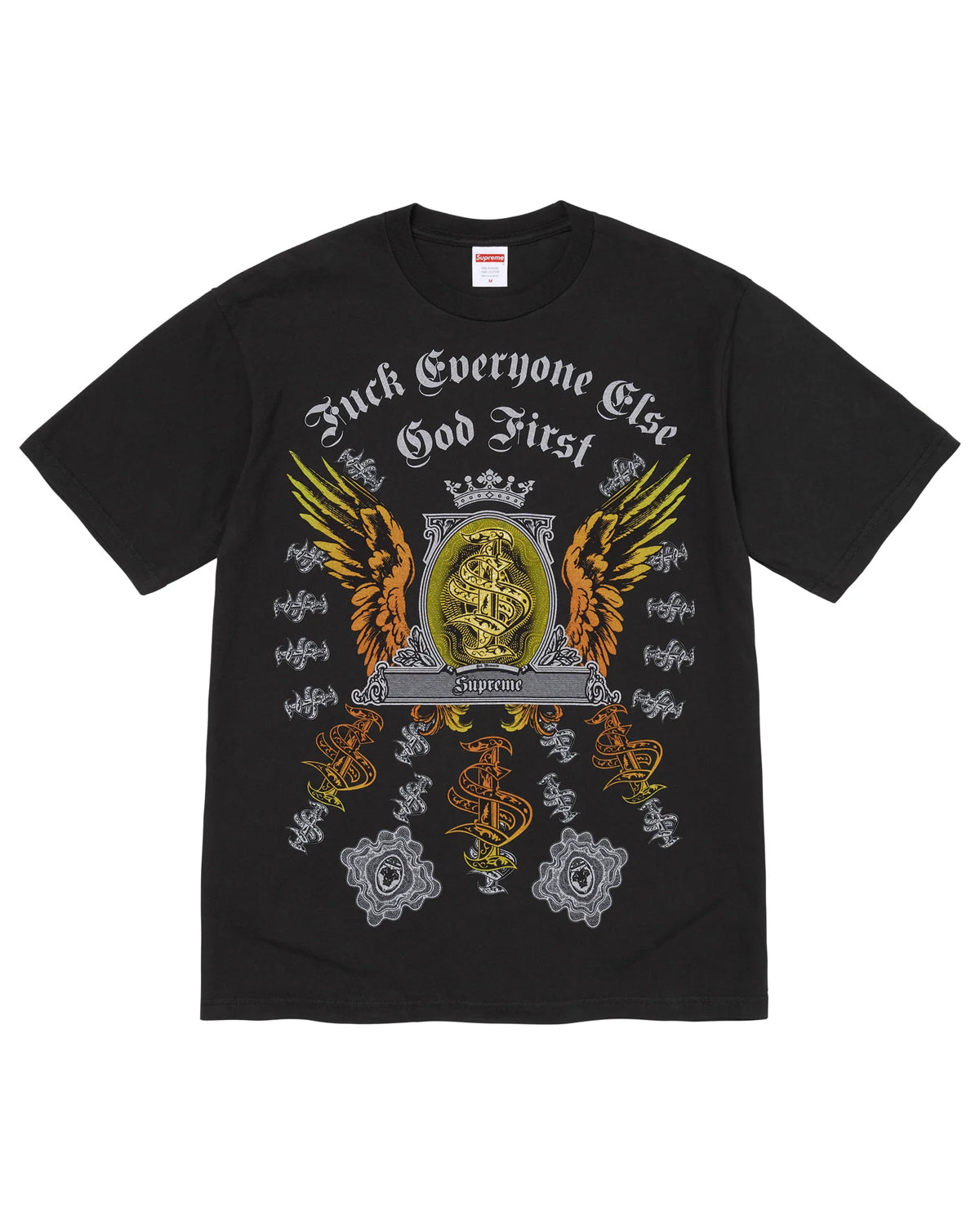 Supreme Money Tee black, cotton tee with an ornate winged crest around a dollar-bill medallion and blackletter lettering above, front view
