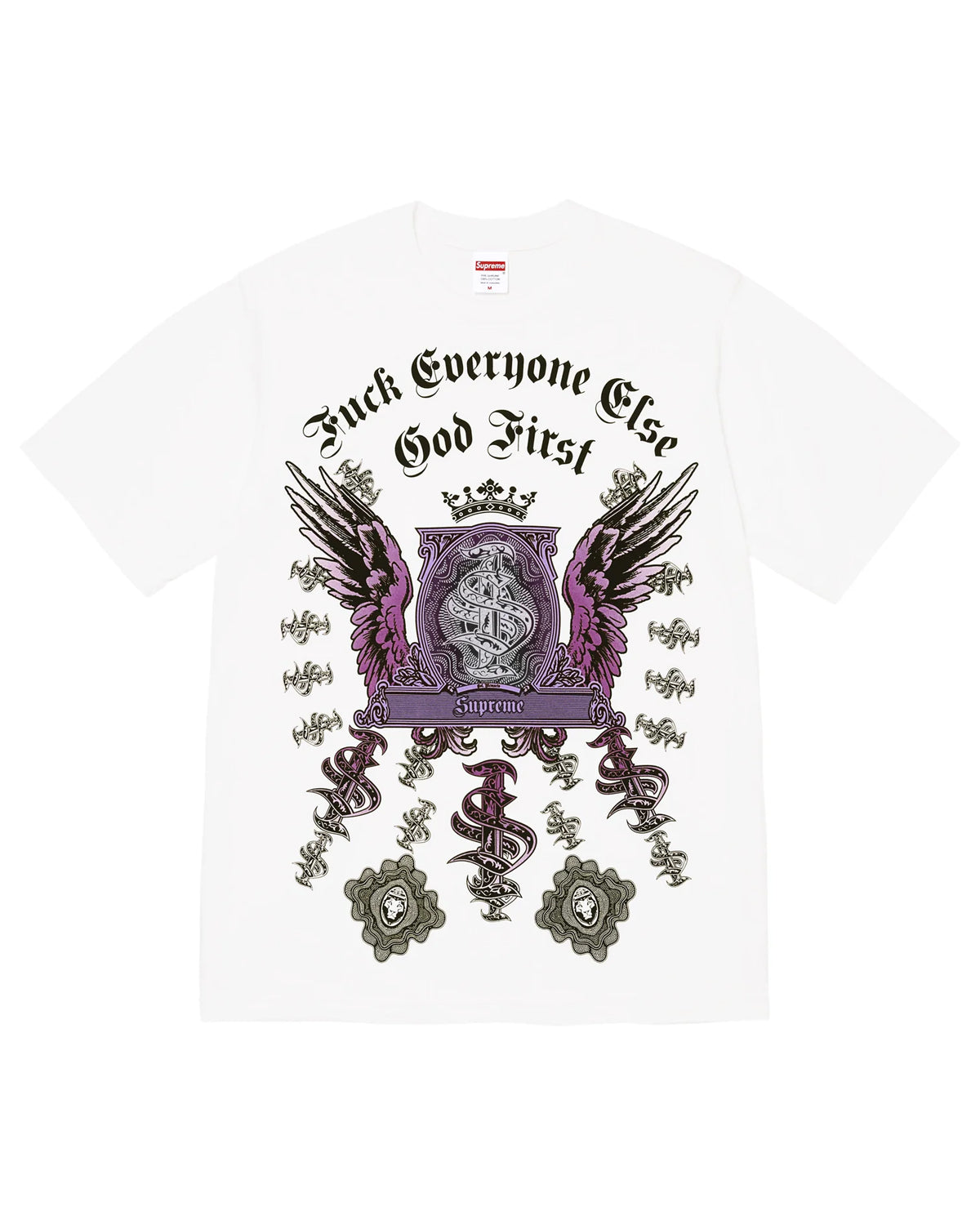Supreme Money Tee white, cotton tee with an ornate winged crest around a dollar-bill medallion and blackletter lettering above, front view