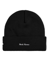 Supreme New Era Action Beanie black, back view showing the script embroidery on the cuff