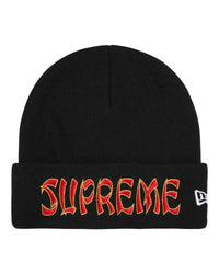 Supreme New Era Action Beanie black, cuffed knit beanie with spiked-script SUPREME cuff logo, front view