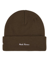 Supreme New Era Action Beanie brown, back view showing the script embroidery on the cuff
