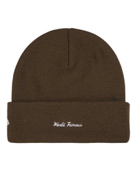 Supreme New Era Action Beanie brown, back view showing the script embroidery on the cuff