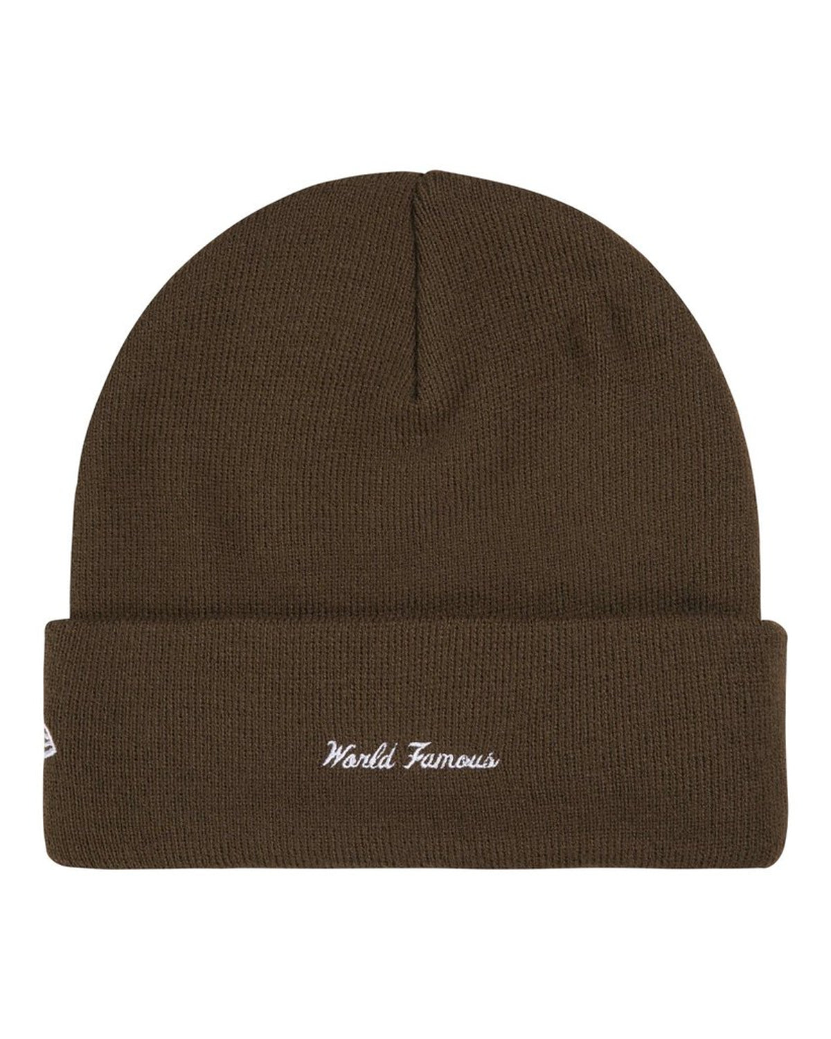 Supreme New Era Action Beanie brown, back view showing the script embroidery on the cuff