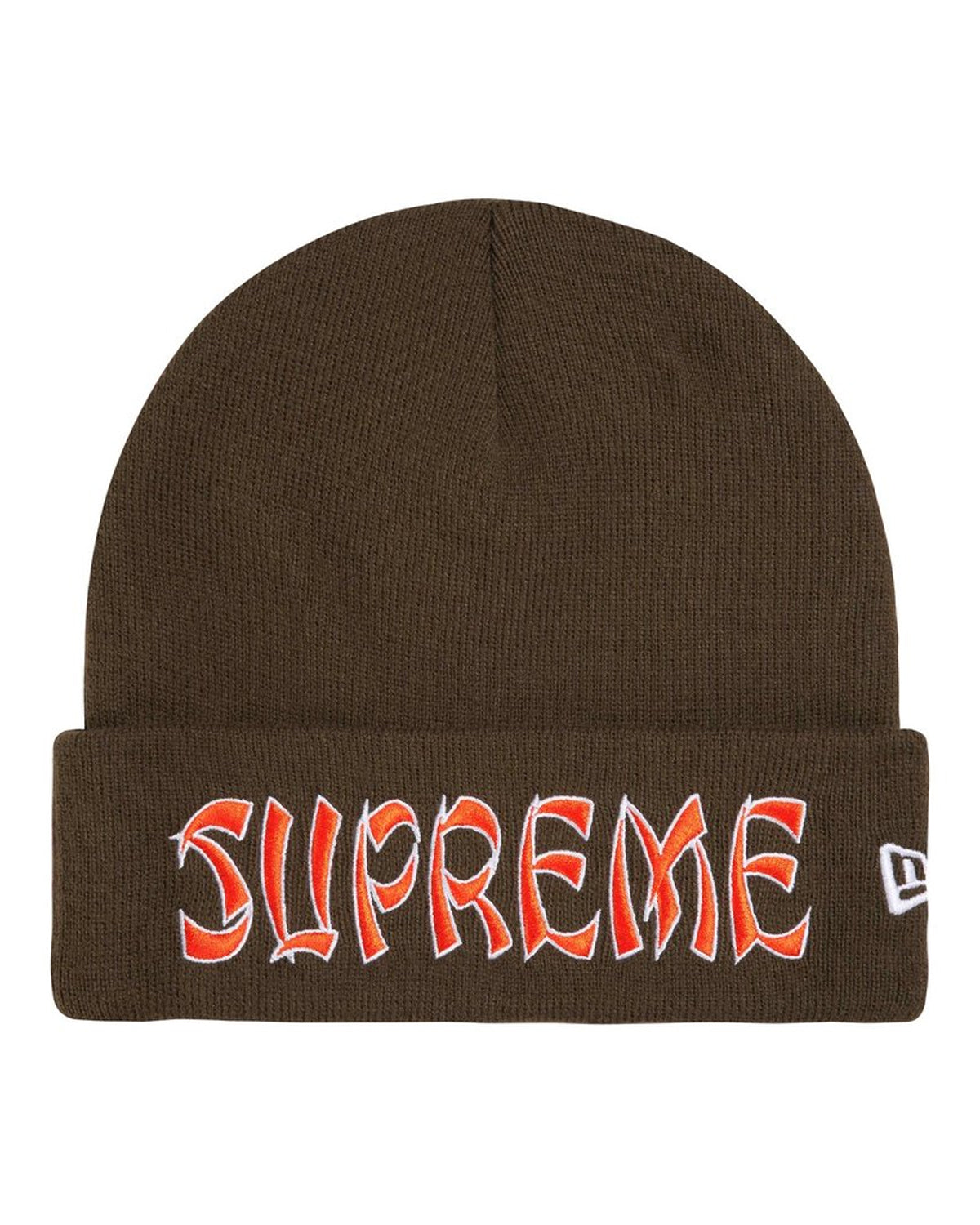 Supreme New Era Action Beanie brown, cuffed knit beanie with spiked-script SUPREME cuff logo, front view