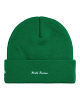 Supreme New Era Action Beanie green, back view showing the script embroidery on the cuff