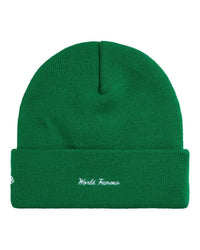 Supreme New Era Action Beanie green, back view showing the script embroidery on the cuff