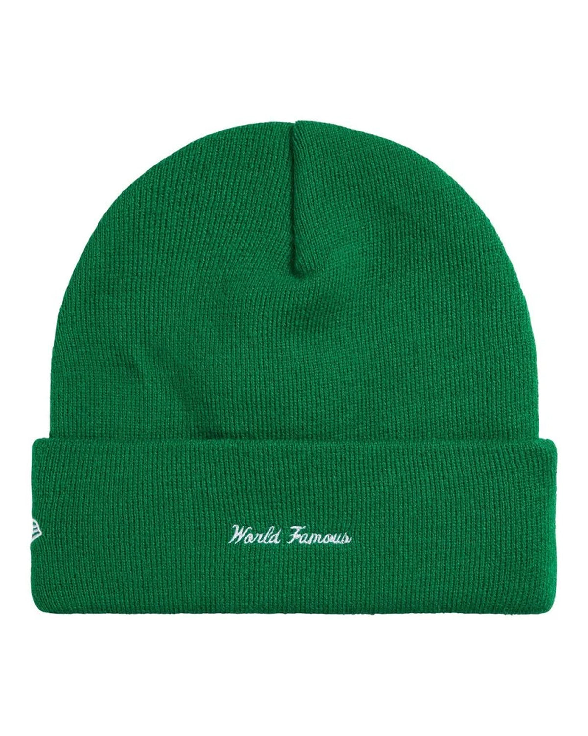 Supreme New Era Action Beanie green, back view showing the script embroidery on the cuff