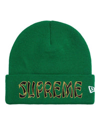 Supreme New Era Action Beanie green, cuffed knit beanie with spiked-script SUPREME cuff logo, front view