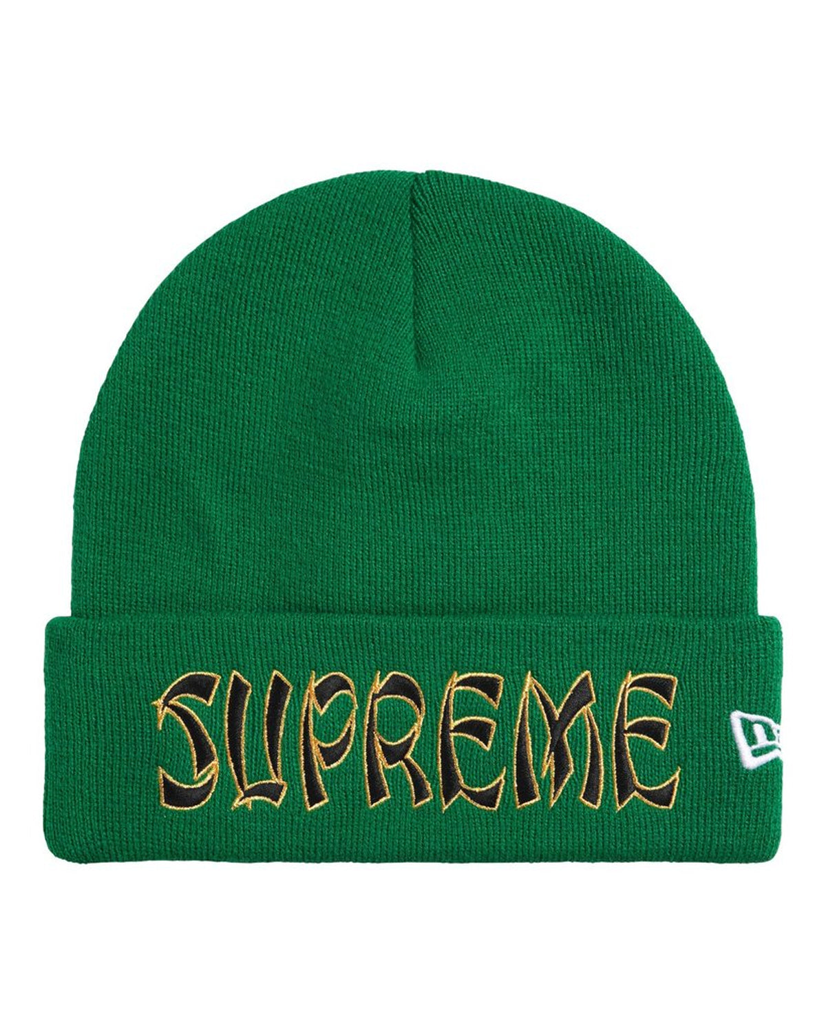 Supreme New Era Action Beanie green, cuffed knit beanie with spiked-script SUPREME cuff logo, front view