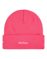 Supreme New Era Action Beanie pink, back view showing the script embroidery on the cuff