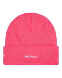 Supreme New Era Action Beanie pink, back view showing the script embroidery on the cuff