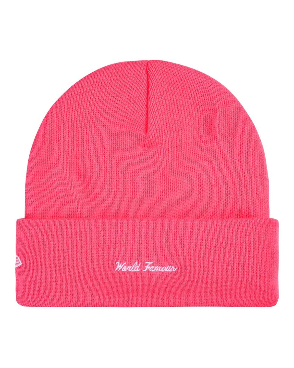 Supreme New Era Action Beanie pink, back view showing the script embroidery on the cuff