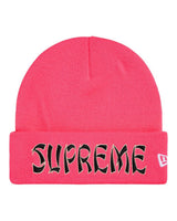 Supreme New Era Action Beanie pink, cuffed knit beanie with spiked-script SUPREME cuff logo, front view