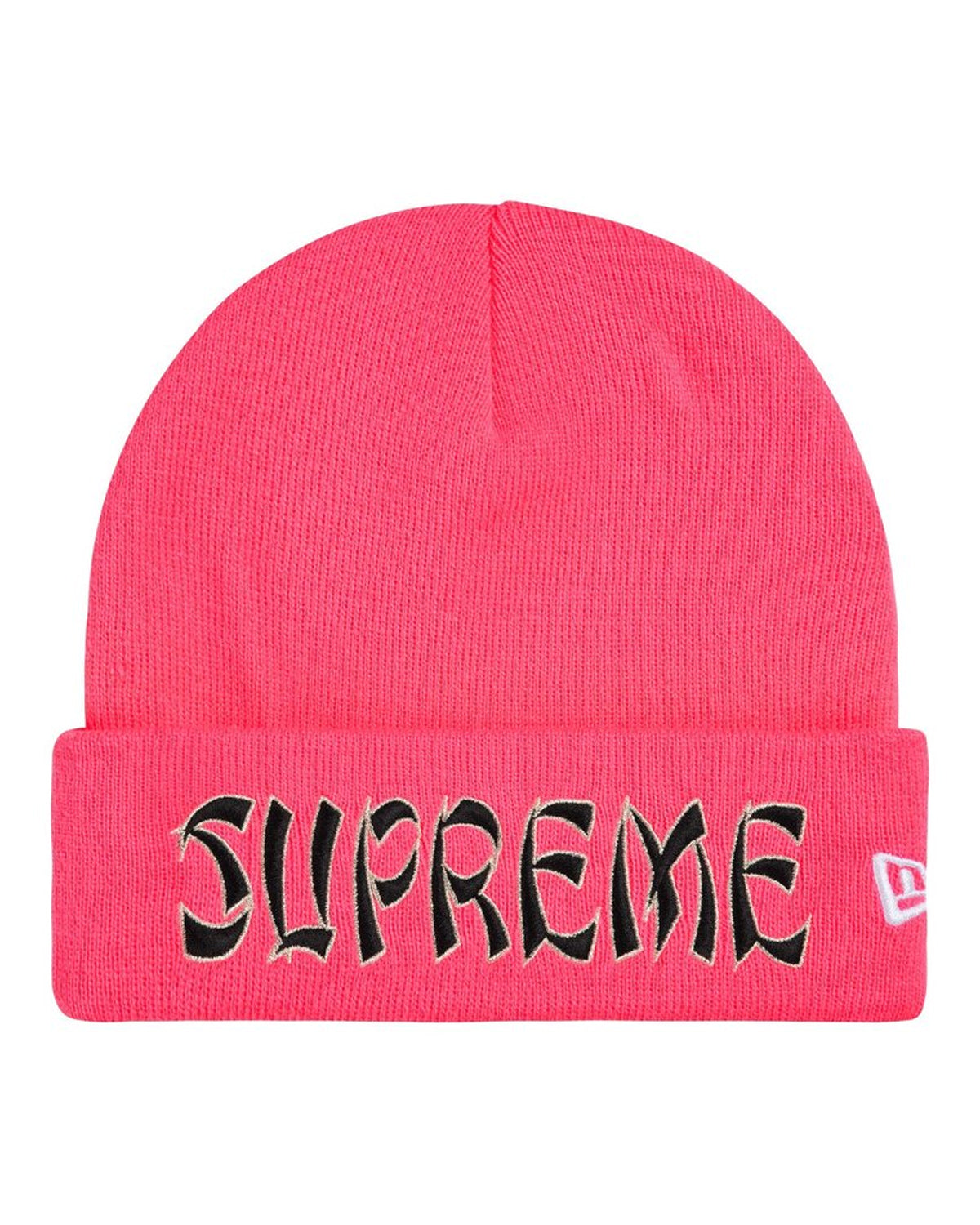 Supreme New Era Action Beanie pink, cuffed knit beanie with spiked-script SUPREME cuff logo, front view