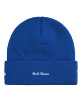 Supreme New Era Action Beanie royal blue, back view showing the script embroidery on the cuff