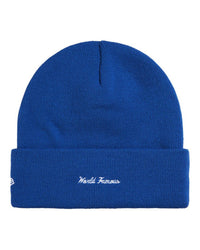 Supreme New Era Action Beanie royal blue, back view showing the script embroidery on the cuff