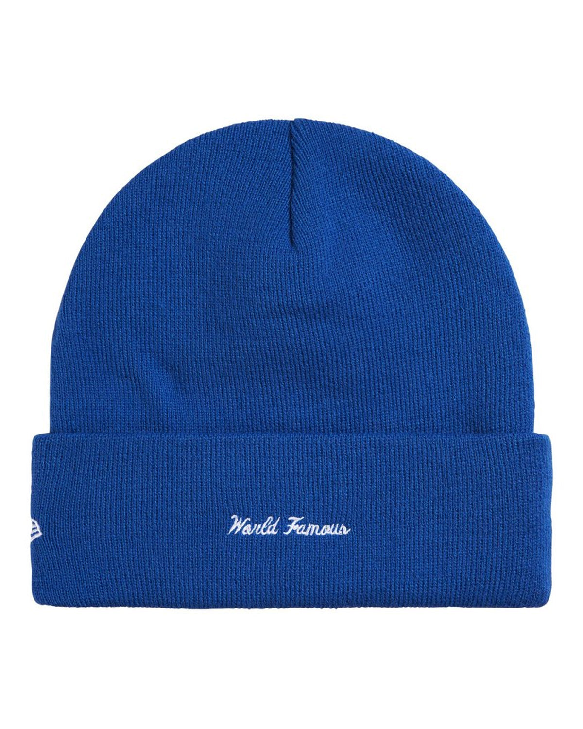 Supreme New Era Action Beanie royal blue, back view showing the script embroidery on the cuff