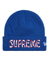 Supreme New Era Action Beanie royal blue, cuffed knit beanie with spiked-script SUPREME cuff logo, front view