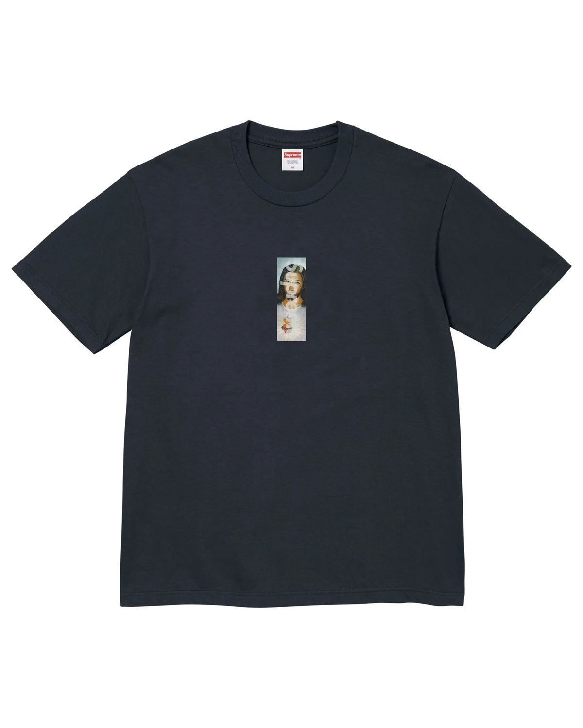 Supreme Prayer Card Box Logo Tee black, cotton tee with a small vertical prayer-card print at the chest, front view