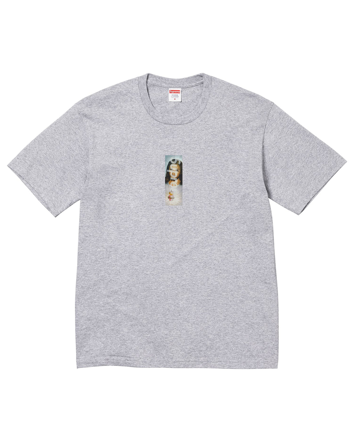 Supreme Prayer Card Box Logo Tee grey, heather grey cotton tee with a small vertical prayer-card print at the chest, front view