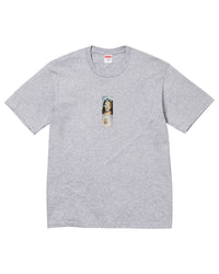 Supreme Prayer Card Box Logo Tee grey, heather grey cotton tee with a small vertical prayer-card print at the chest, front view