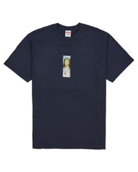 Supreme Prayer Card Box Logo Tee navy, crewneck tee with a vertical prayer card graphic on the chest, front view
