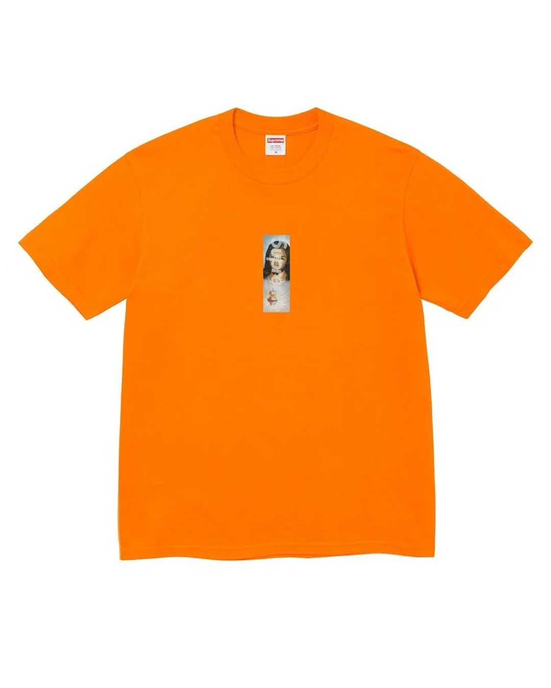 Supreme Prayer Card Box Logo Tee orange, cotton tee with prayer-card photo print at the chest, front view